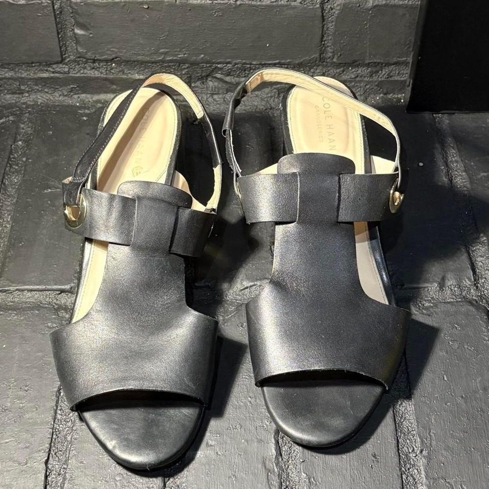 Cole Haan Grandseries Black Leather Block Heel Slingback Sandals W18153 Size 10B